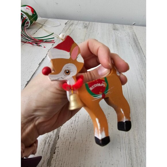 Wooden vintage Rudolph reindeer deer ornament set plush Noel Xmas tree both orna - Picture 8 of 10